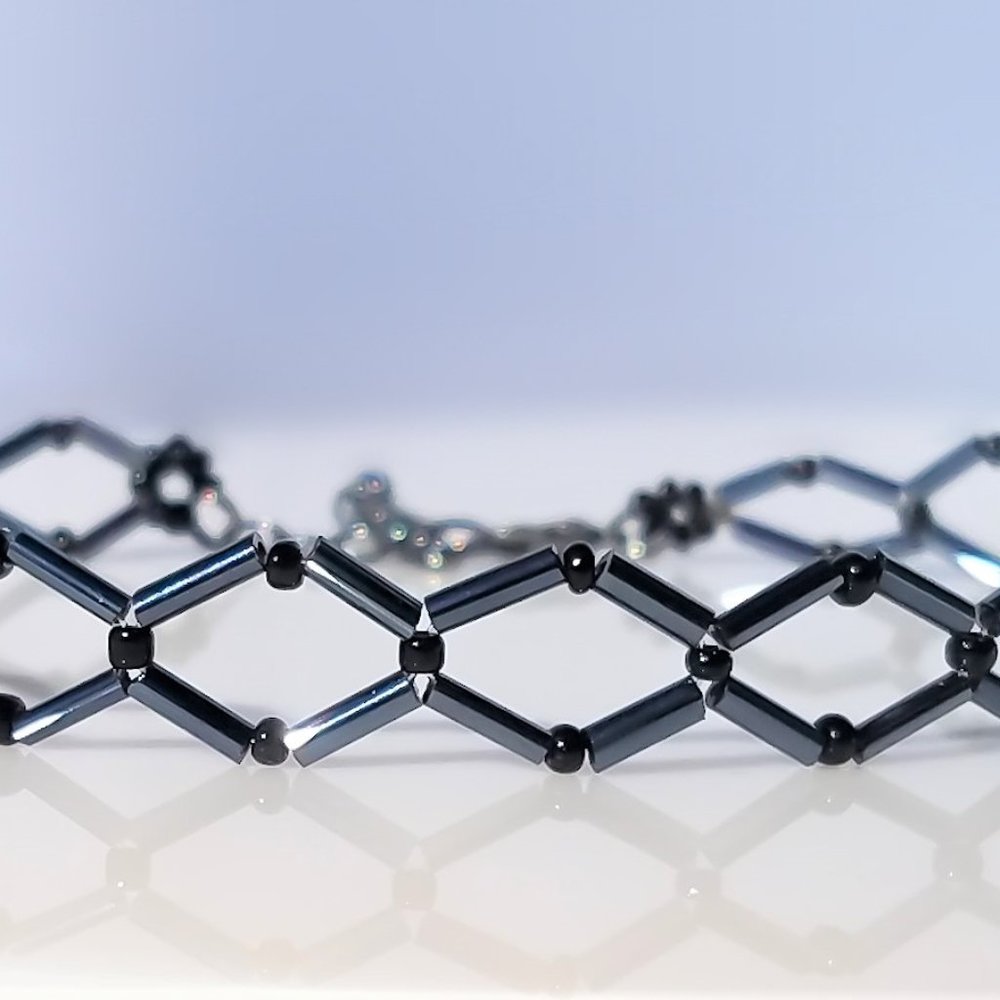 Gunmetal Rhombus Necklace Beaded Hematite Grey Diamond Pattern Women's Choker